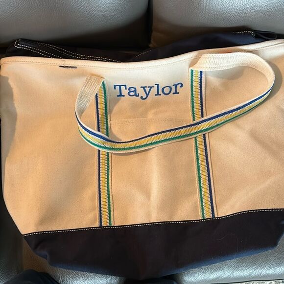 Land's End canvas Tote zipper natural long handle Navy embroidered "Taylor" XL - Picture 4 of 15